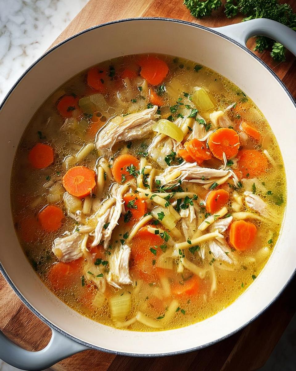 A close-up overhead view of a pot of homemade chicken noodle soup, brimming with shredded chicken, carrots, celery, and noodles.