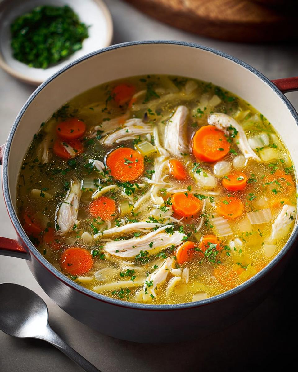 A steaming pot of chicken noodle soup, featuring shredded chicken, sliced carrots, and noodles in a savory broth.