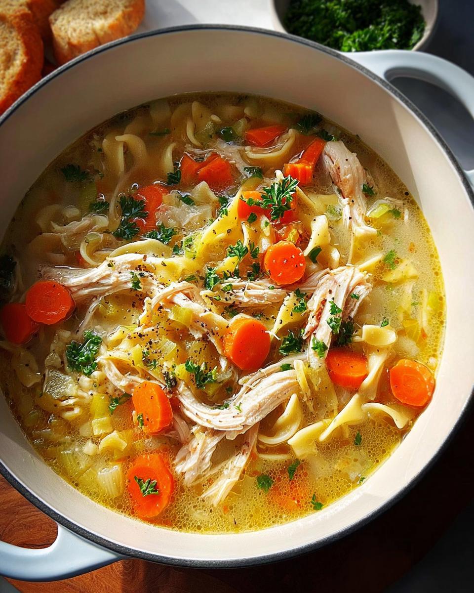A steaming bowl of chicken noodle soup with shredded chicken, carrots, noodles, and parsley. One of the best soup recipes.