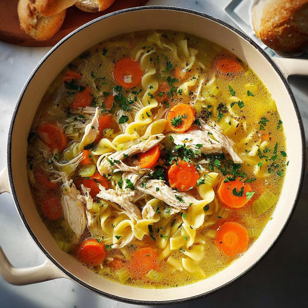 A close-up of a pot of delicious chicken noodle soup, featuring shredded chicken, egg noodles, and carrots.