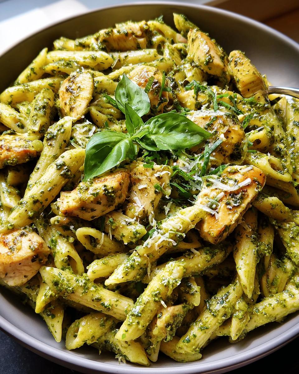 Close-up of penne pasta with grilled chicken pieces coated in vibrant green pesto sauce, garnished with basil and Parmesan.