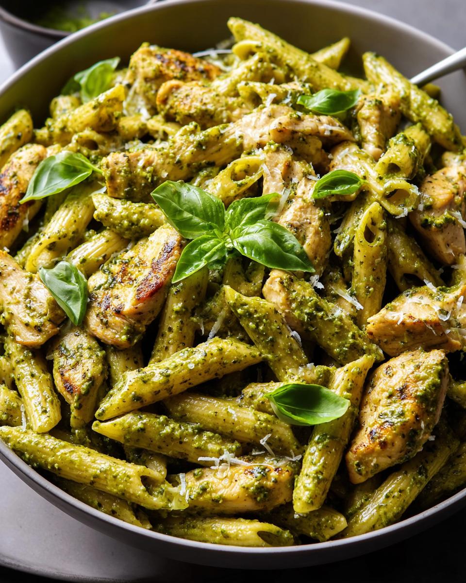 A close-up of penne pasta with grilled chicken pieces coated in vibrant green pesto sauce, garnished with basil leaves.
