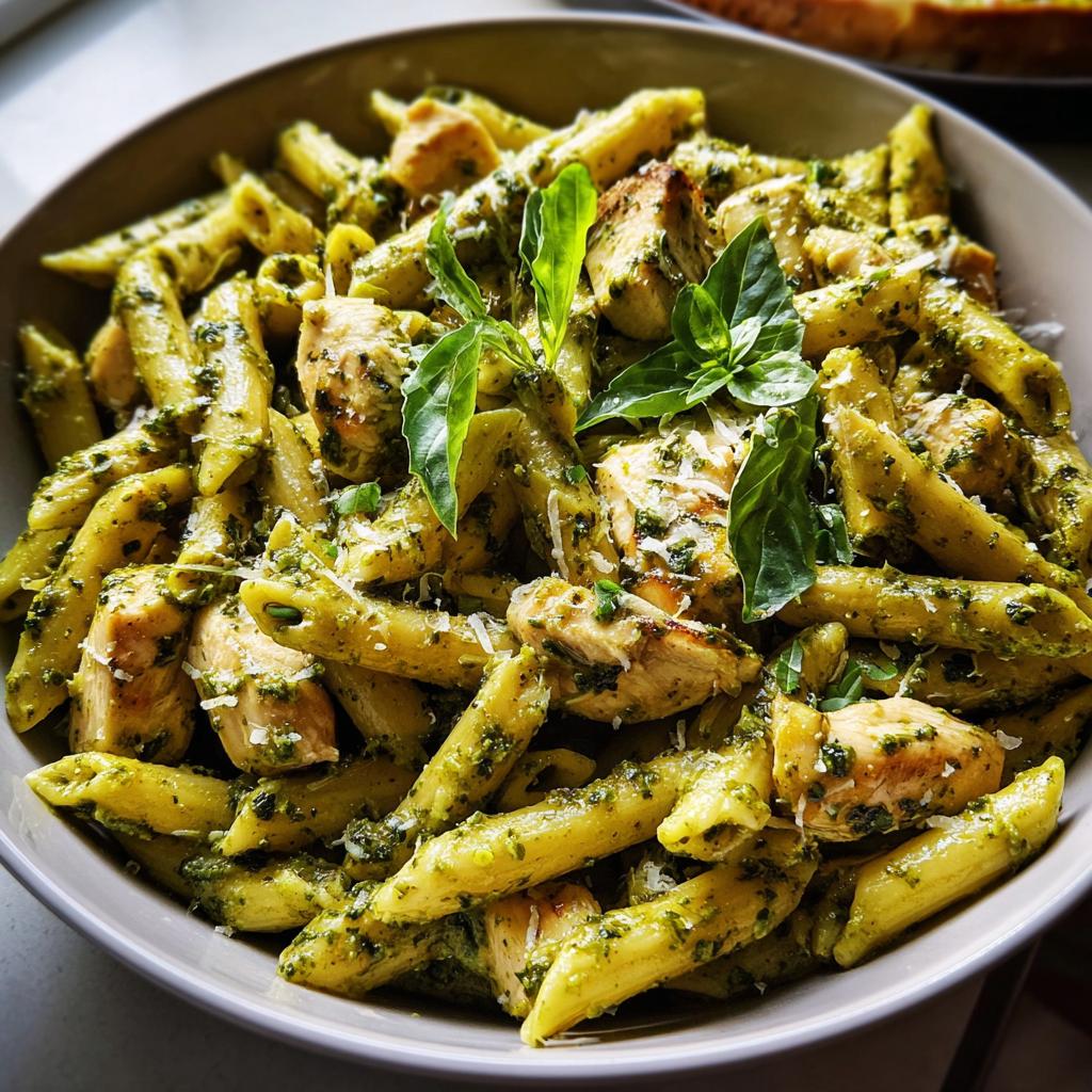 A close-up of penne pasta tossed with pesto sauce and grilled chicken pieces, a perfect chicken recipe.
