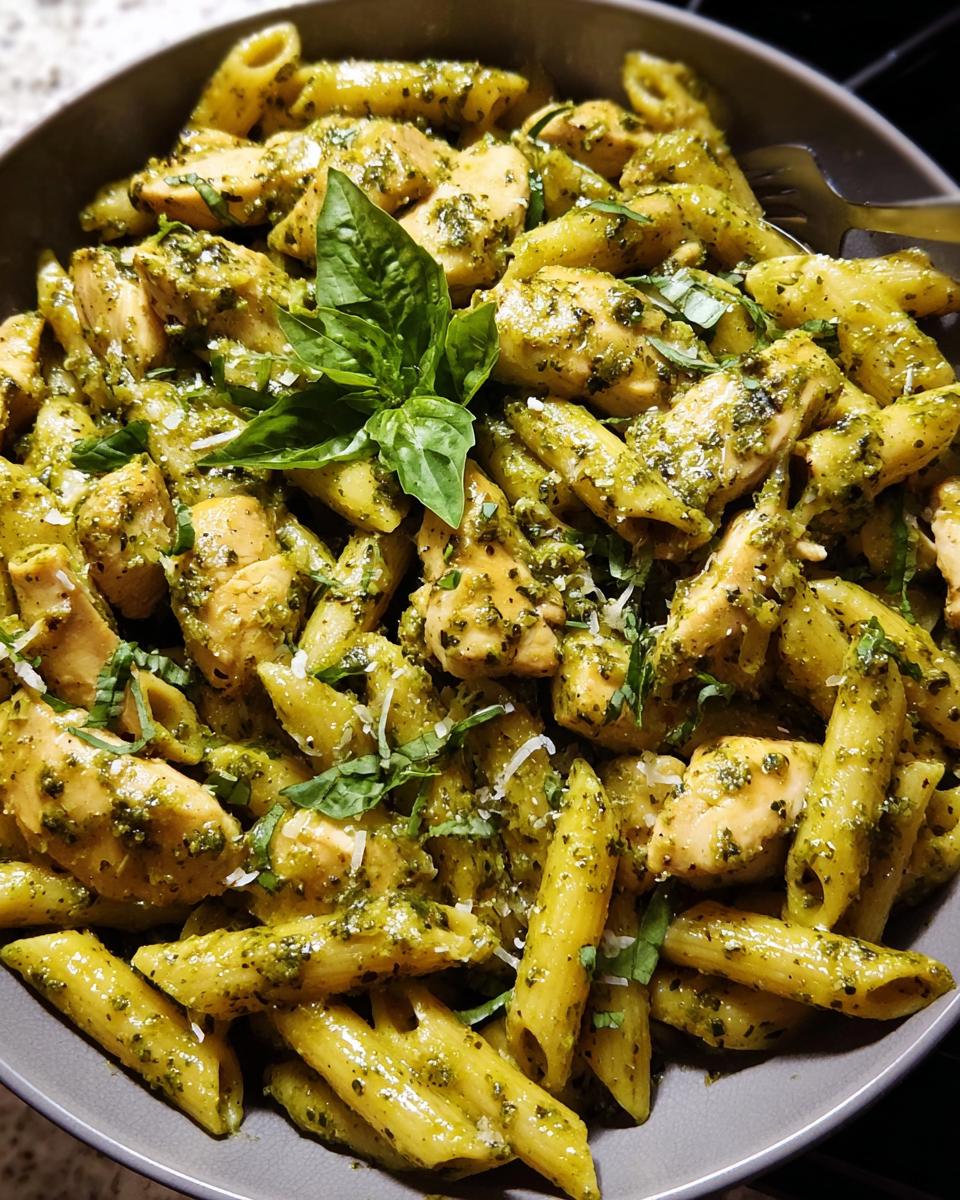 A close-up of penne pasta with chicken pieces, coated in vibrant green pesto, garnished with fresh basil leaves.