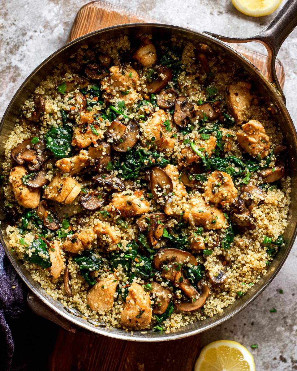 A close-up of a skillet filled with quinoa, chicken pieces, mushrooms, and spinach, a perfect beginner chicken recipe.