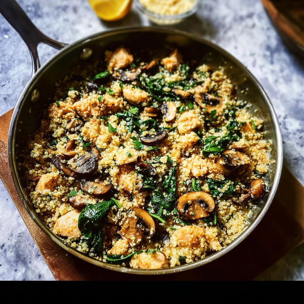 A delicious skillet meal featuring chicken, quinoa, mushrooms, and spinach, perfect for beginner chicken recipes.