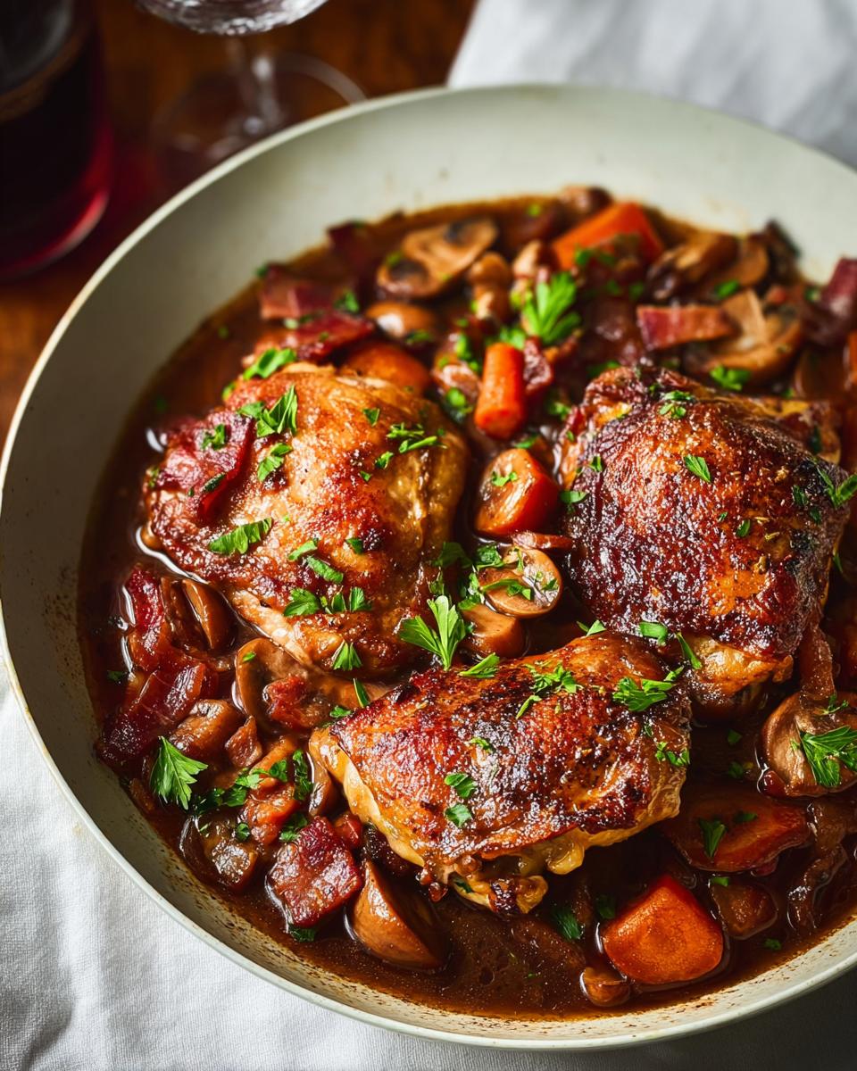 A close-up of a rich chicken recipe with tender chicken thighs, mushrooms, carrots, and bacon in a savory sauce, garnished with parsley.