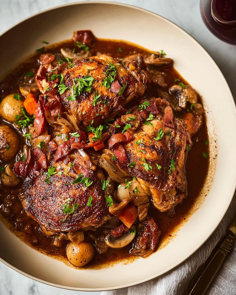Close-up of rich, braised chicken thighs in a savory sauce with bacon, mushrooms, onions, and potatoes, a perfect example of why everyone loves this chicken recipe.
