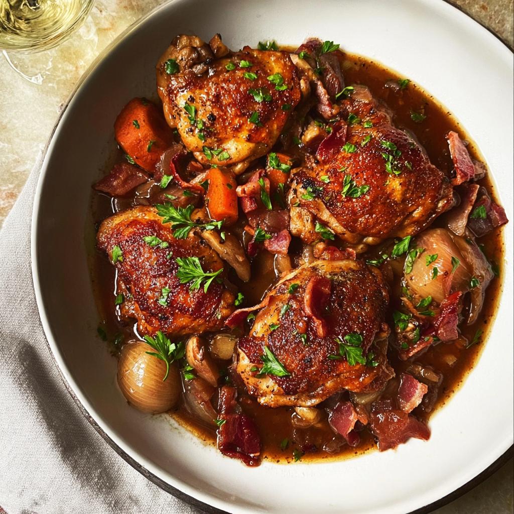 A bowl of rich Coq au Vin style chicken recipes with bacon, onions, carrots, and herbs.