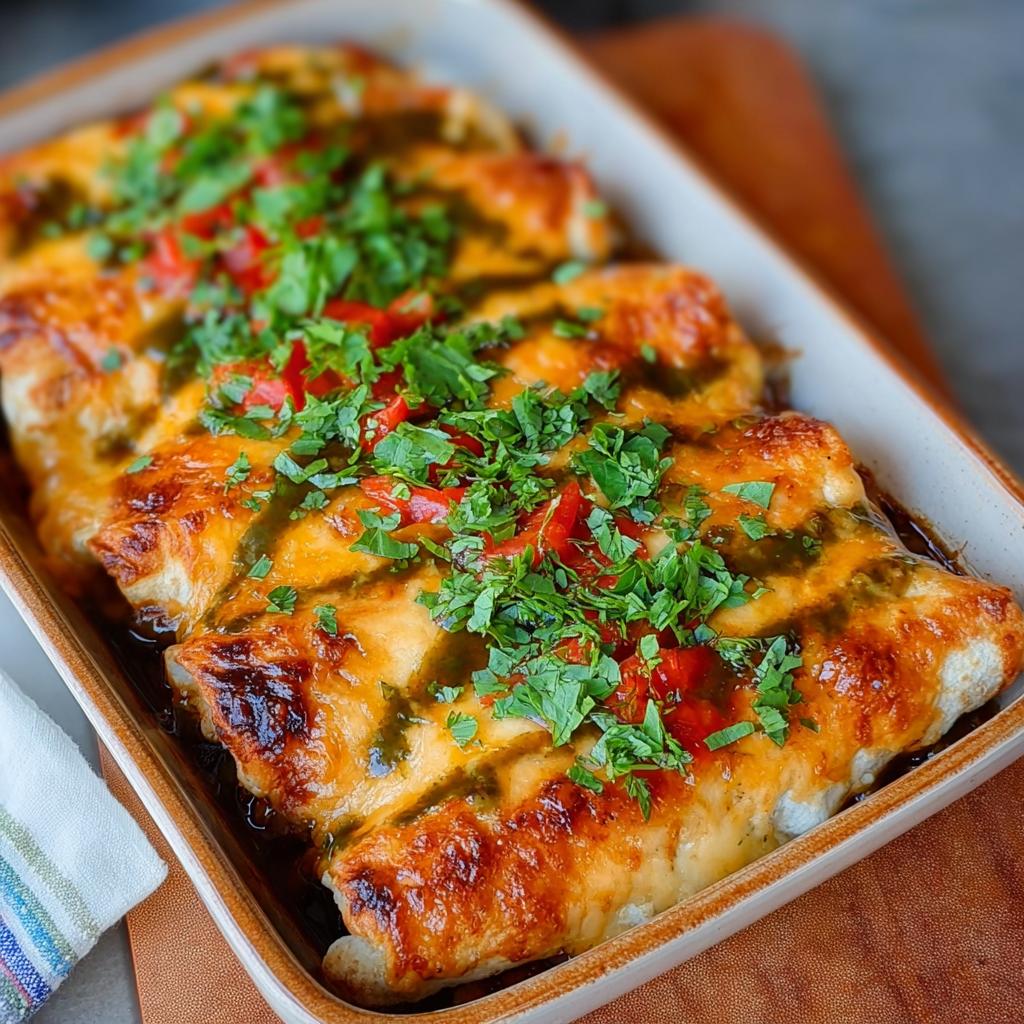 Close-up of baked chicken enchiladas topped with melted cheese, green sauce, chopped red peppers, and fresh cilantro.