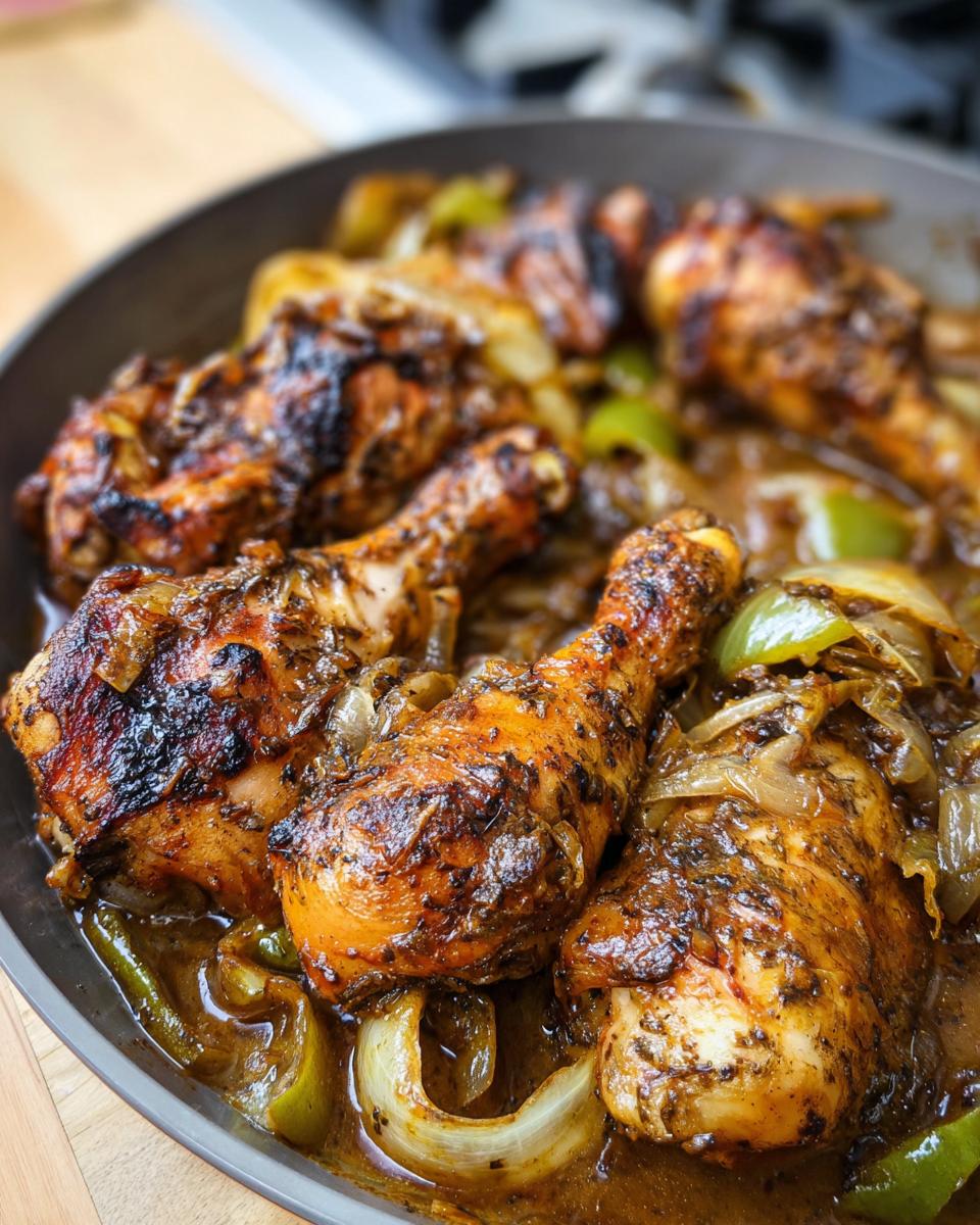 Close-up of seasoned chicken drumsticks cooked with onions and green peppers in a skillet.