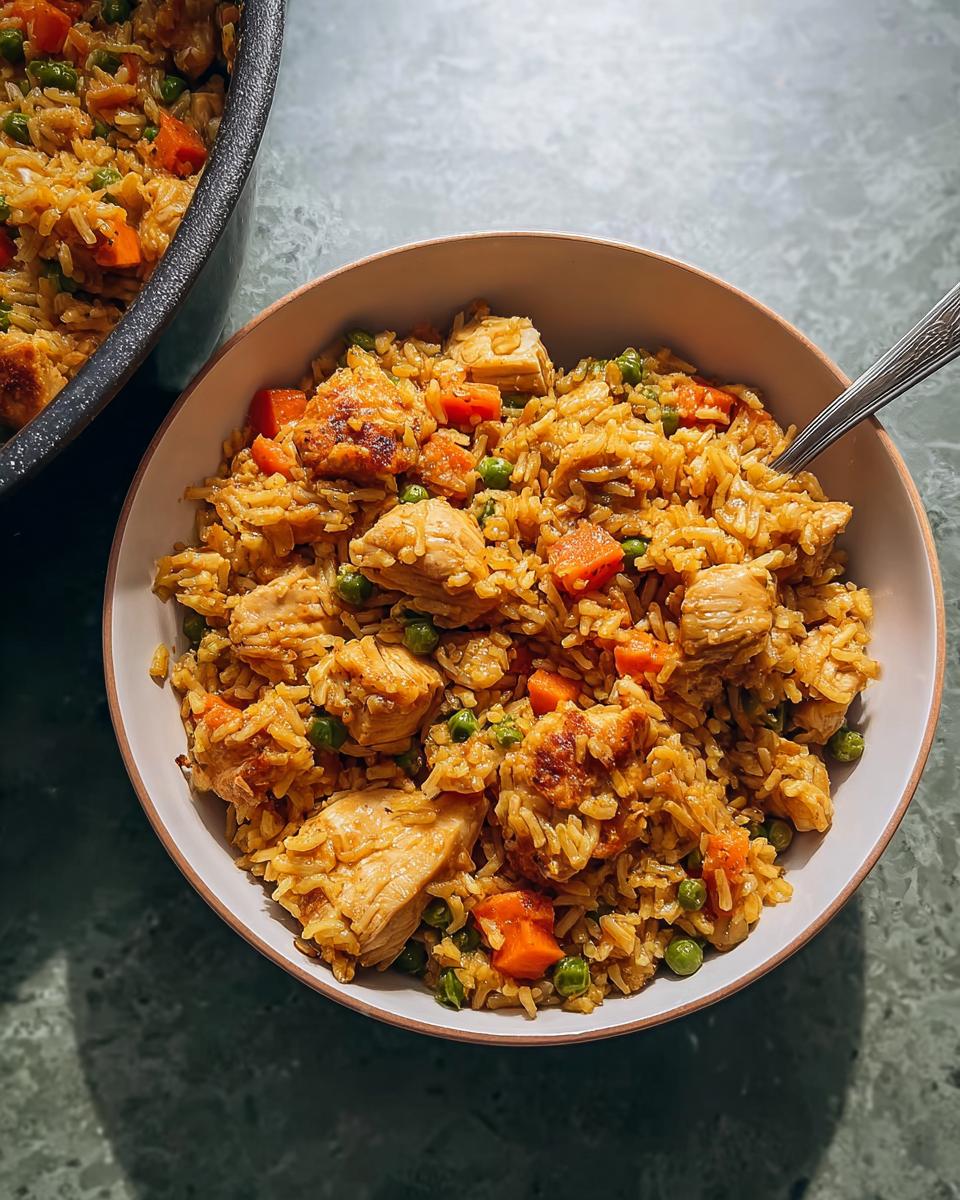A bowl of delicious chicken rice bowls recipe with peas and carrots, ready to be served.