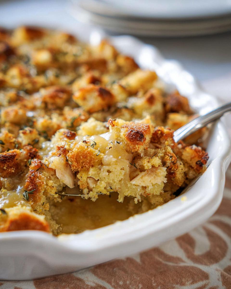 A fork lifting a scoop of chicken stuffing casserole from a white baking dish, showing moist bread cubes and chicken.