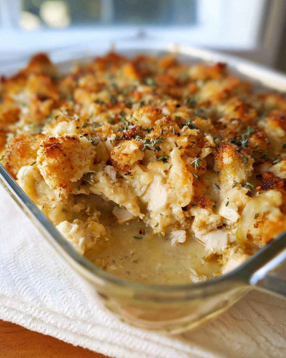 A close-up of a creamy chicken and stuffing casserole, topped with toasted breadcrumbs and herbs.