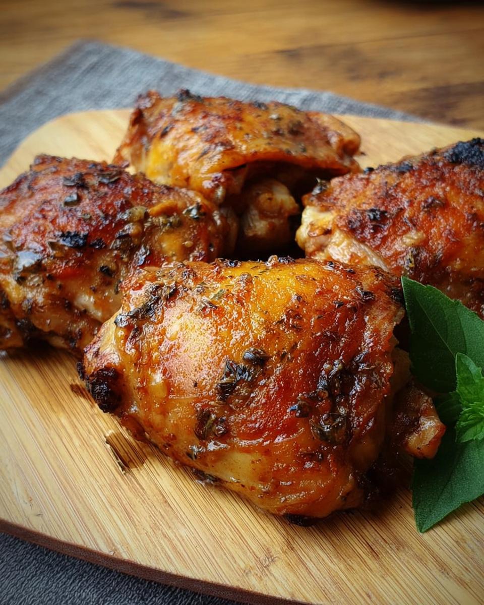 Close-up of four perfectly cooked, golden-brown chicken thighs seasoned with herbs, served on a wooden board.