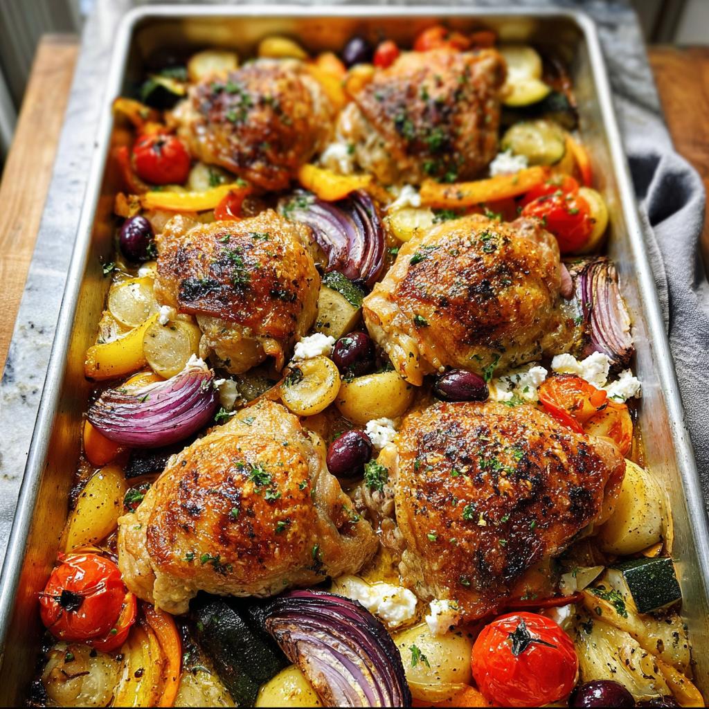 A colorful sheet pan of roasted chicken thighs with potatoes, red onions, cherry tomatoes, zucchini, and olives, perfect for meal prep.