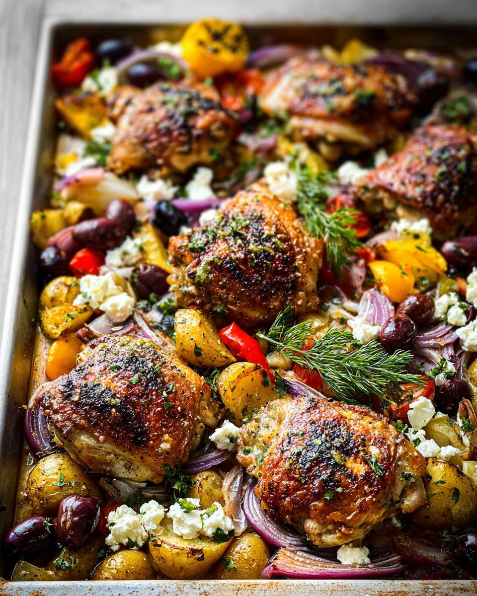 Close-up of a sheet pan filled with roasted chicken thighs, potatoes, olives, red onion, and feta cheese, a perfect chicken thigh recipe for meal prep.