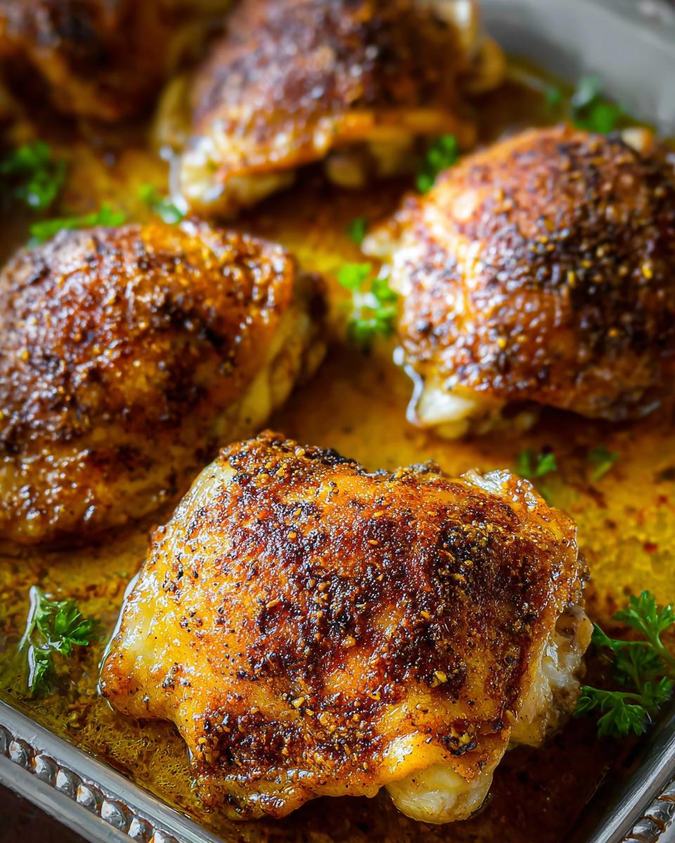 Close-up of juicy, seasoned chicken thighs roasted to perfection in a baking dish, garnished with parsley.
