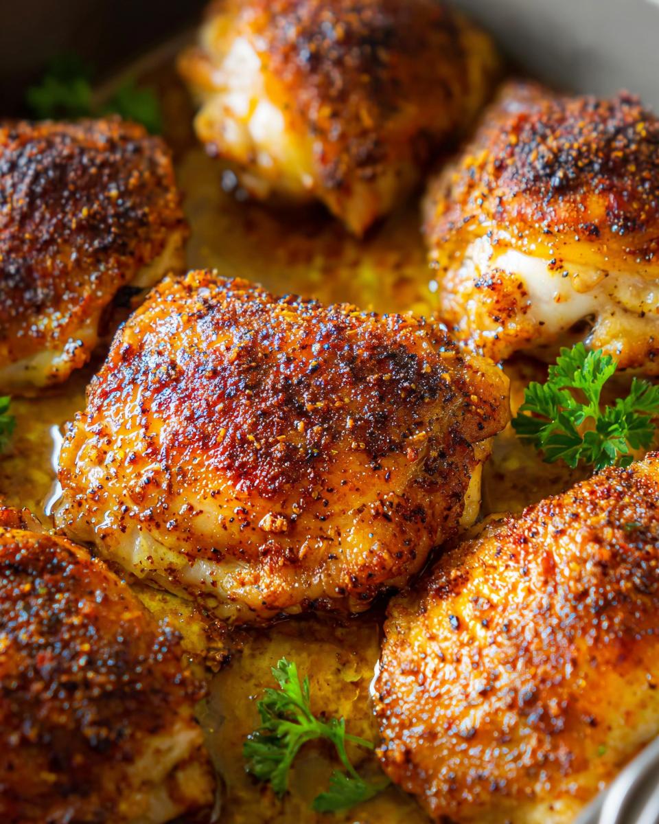 Close-up of perfectly seasoned chicken thighs, cooked to a golden brown and glistening in their own juices, garnished with parsley.