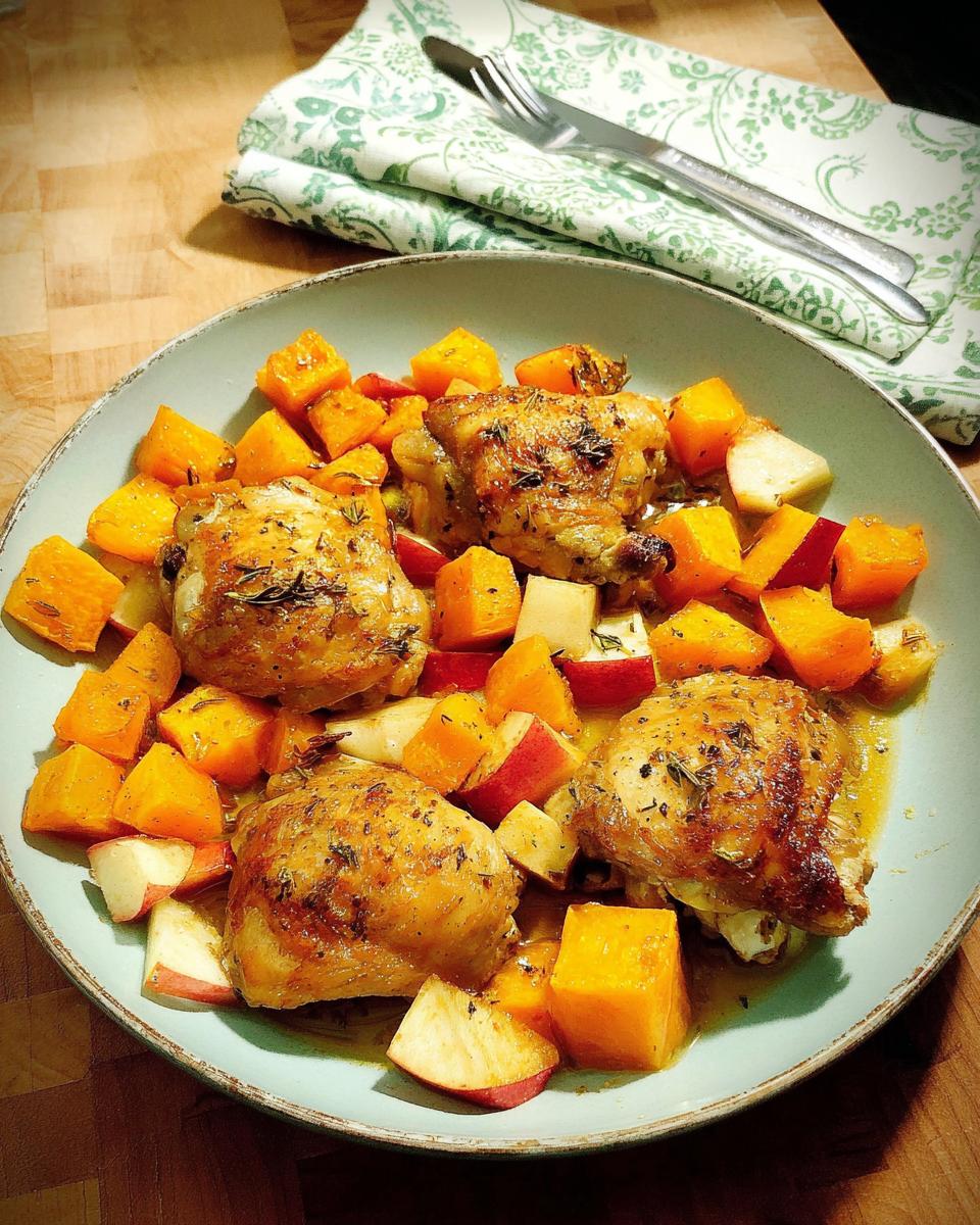 A plate of roasted chicken thighs with chunks of butternut squash and apple wedges, seasoned with herbs.
