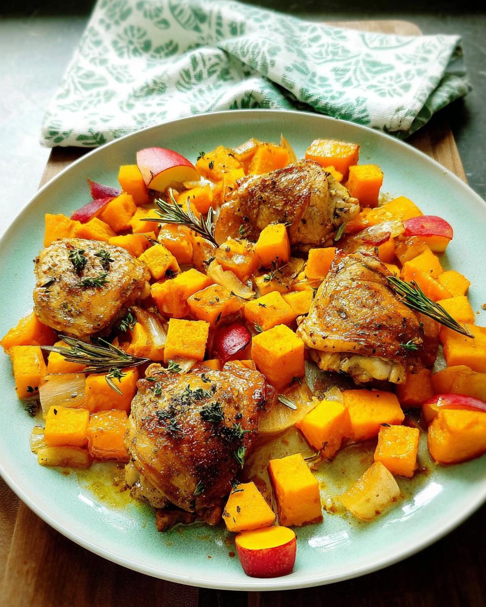 Close-up of roasted chicken thighs served with cubed butternut squash, apple slices, and rosemary.