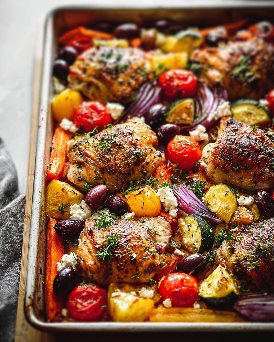 A close-up of a sheet pan filled with a delicious meal prep of chicken thighs, roasted vegetables like carrots, zucchini, tomatoes, and red onion, with olives and feta cheese.