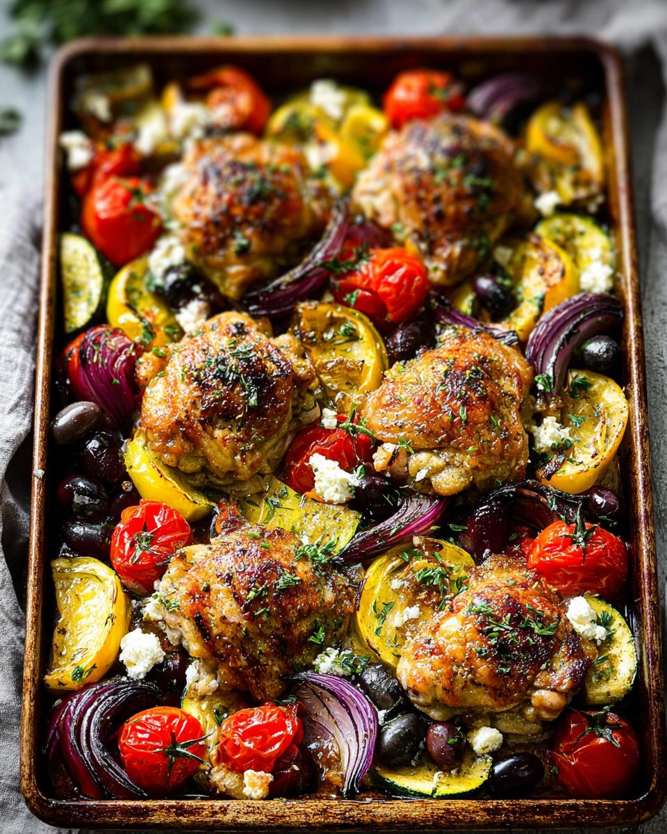 A colorful sheet pan meal featuring roasted chicken thighs with tomatoes, olives, red onion, lemon, and feta cheese.