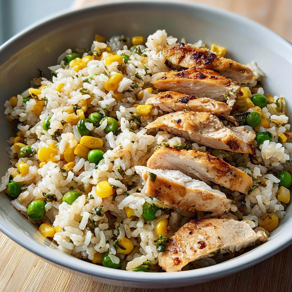 A close-up of a bowl filled with rice, peas, corn, and sliced grilled chicken, showcasing a vibrant Rice Bowls Recipe.