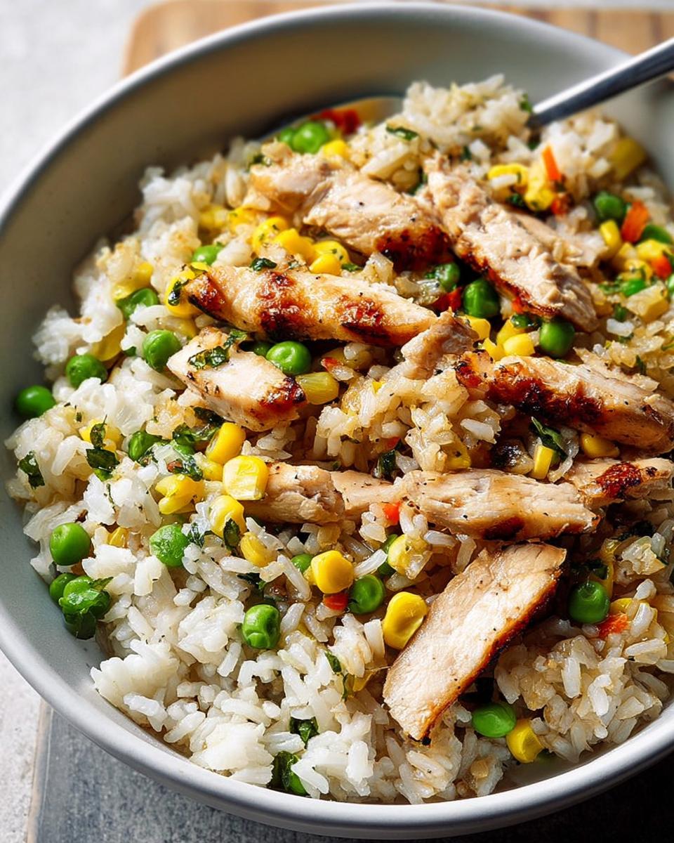 Close-up of a bowl of rice bowls with grilled chicken, peas, corn, and herbs.