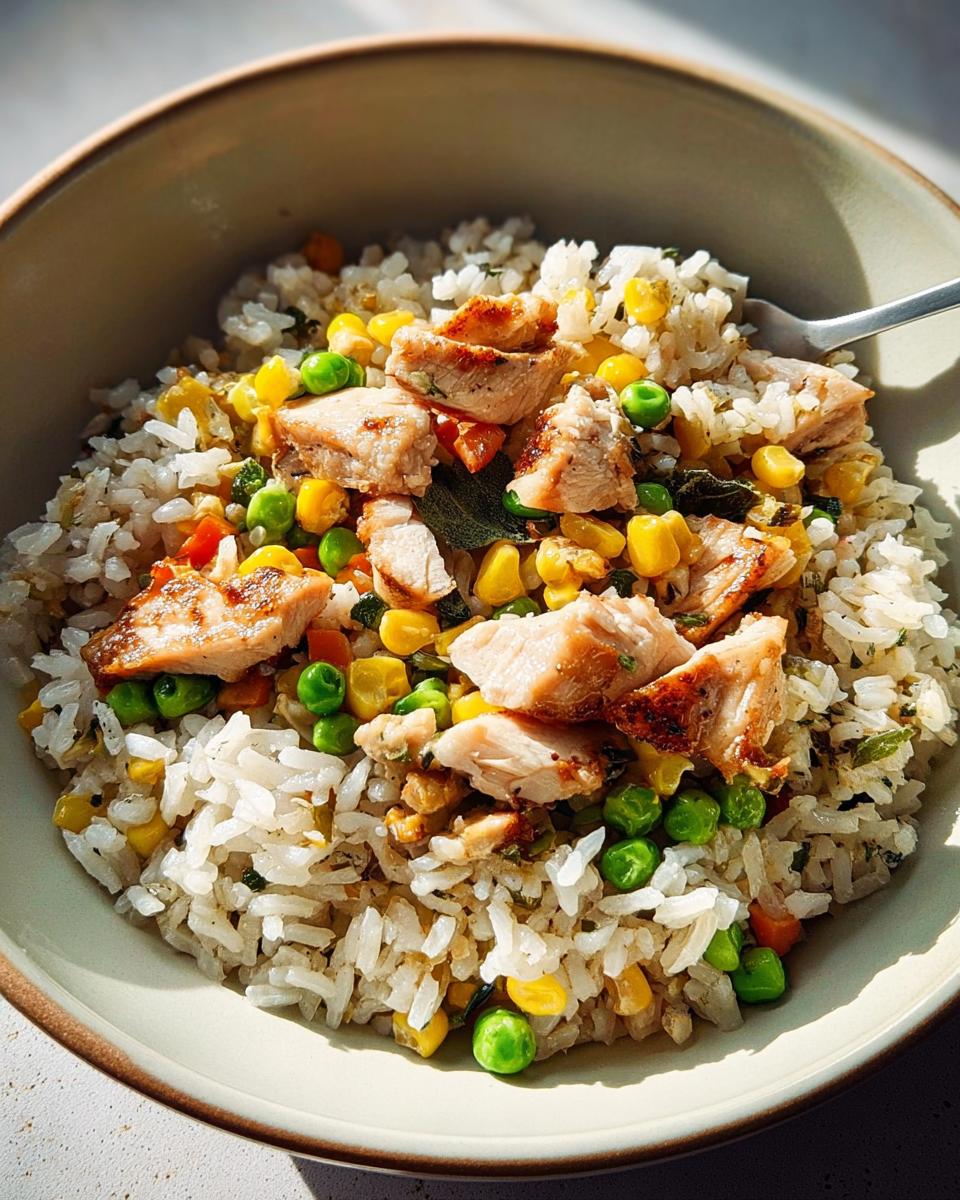 A close-up of a rice bowl filled with fluffy rice, grilled chicken pieces, corn, peas, and carrots.