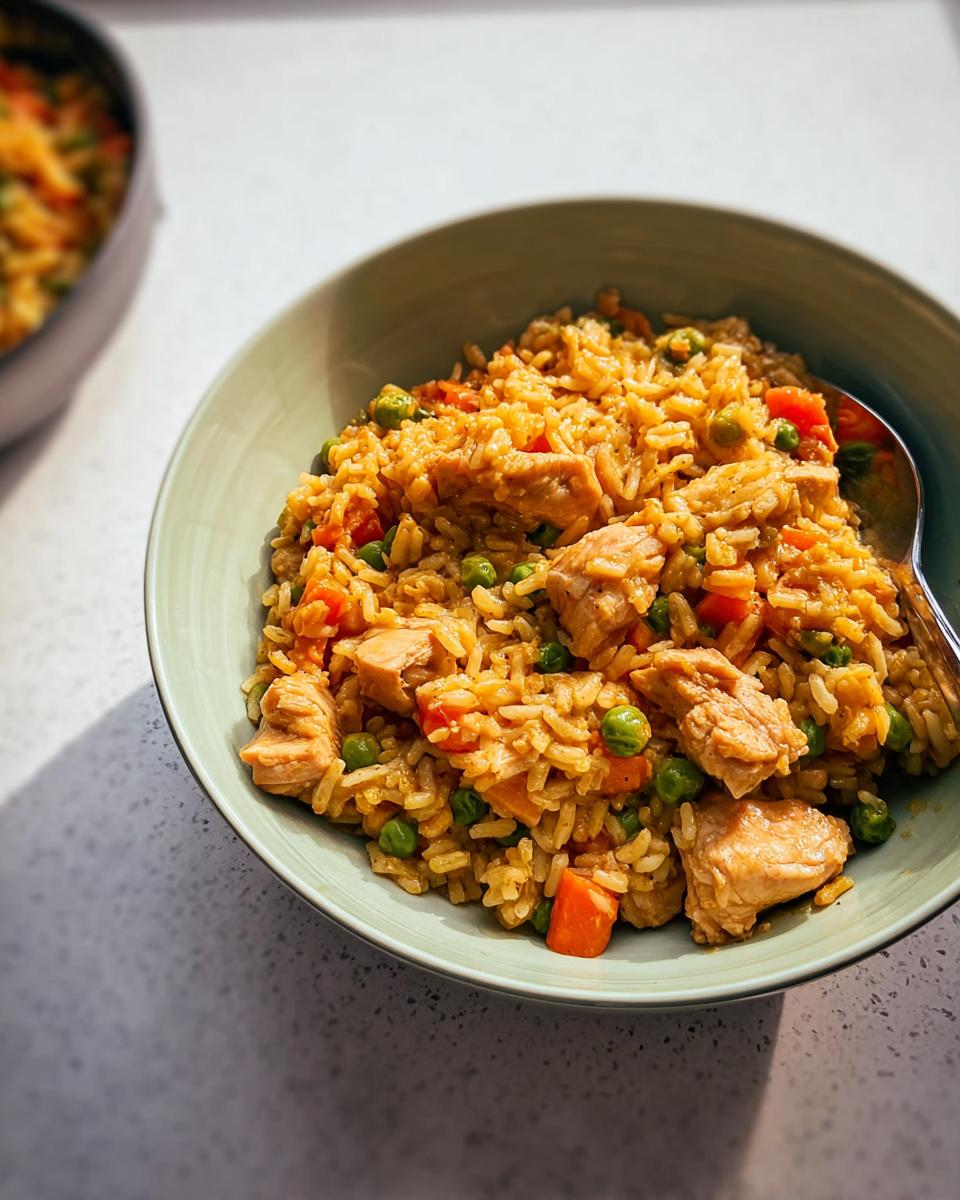 A close-up of a bowl of chicken and vegetable rice bowls, featuring rice, chicken pieces, peas, and carrots.