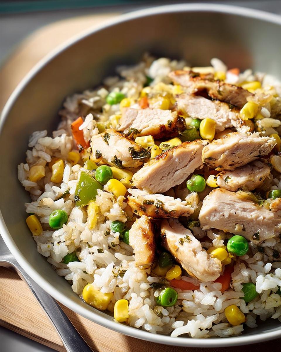 A close-up of a chicken and vegetable rice bowls recipe, featuring rice, corn, peas, carrots, and grilled chicken.