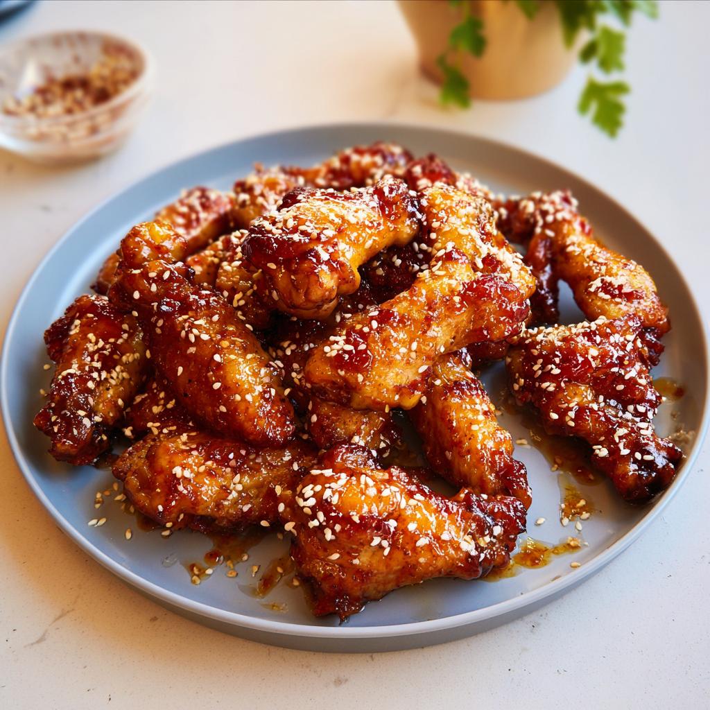 A plate piled high with glossy, glazed chicken wings, sprinkled with sesame seeds, perfect for Chicken Wings Recipes Meal Prep.
