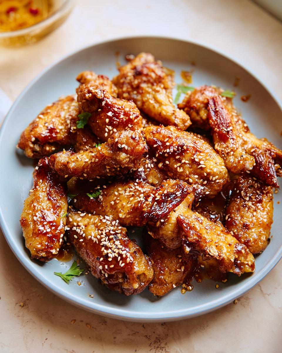 A close-up of a plate filled with glistening, glazed chicken wings, sprinkled with sesame seeds and garnished with parsley.
