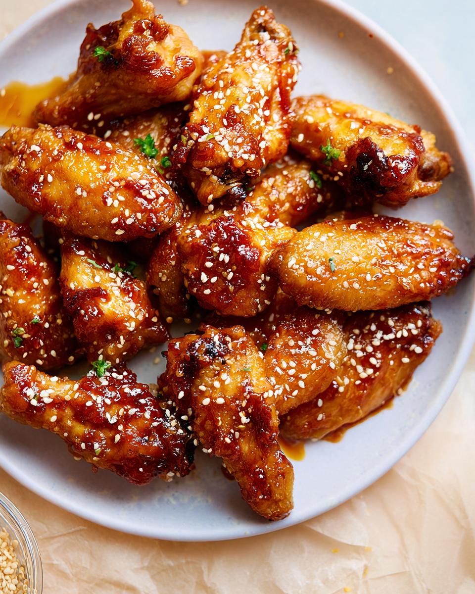 A plate of glossy, glazed chicken wings meal prep, sprinkled with sesame seeds and garnished with parsley.