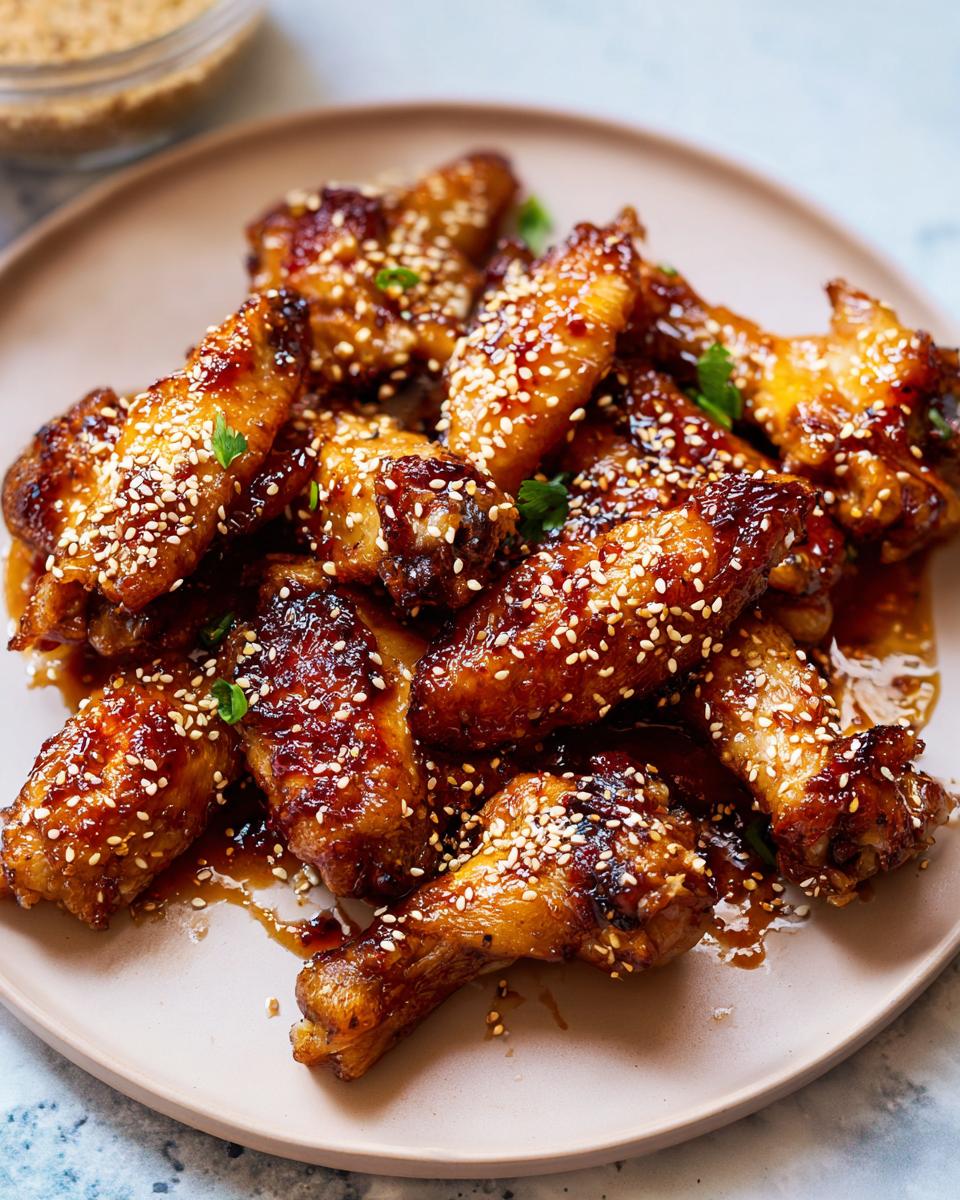 A plate of glossy, glazed chicken wings, sprinkled with sesame seeds and parsley, perfect for Chicken Wings Meal Prep.