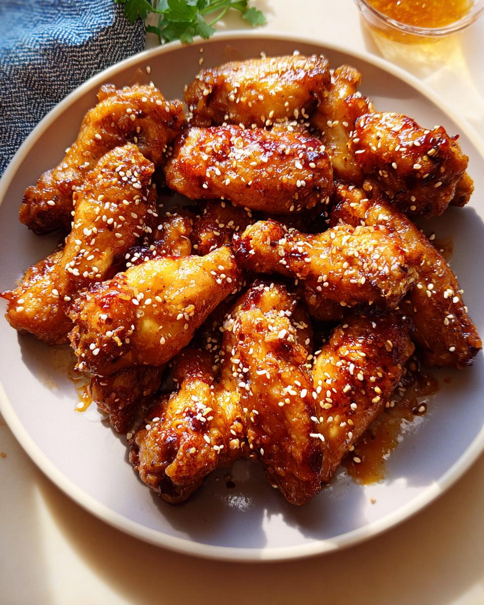 A plate piled high with glistening, glazed chicken wings, sprinkled generously with sesame seeds. Perfect for chicken wings meal prep.