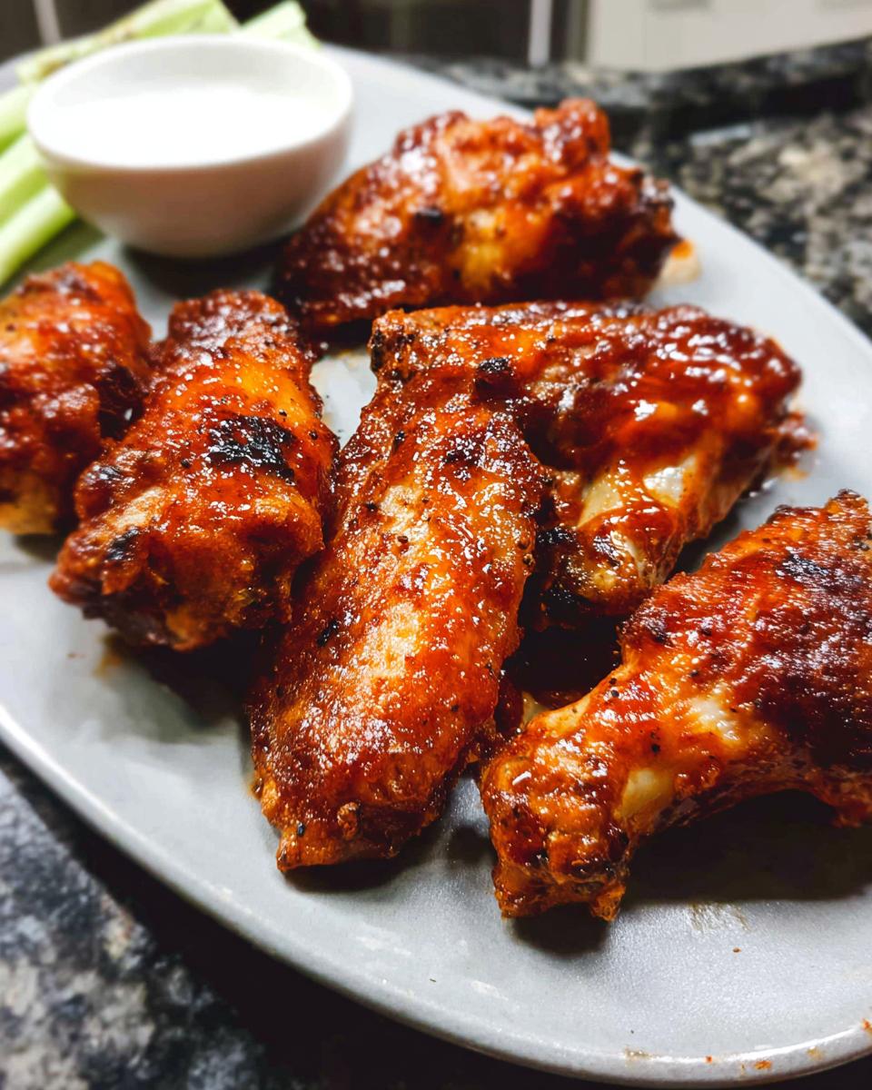 A plate of glossy, saucy chicken wings served with celery sticks and a dipping sauce.