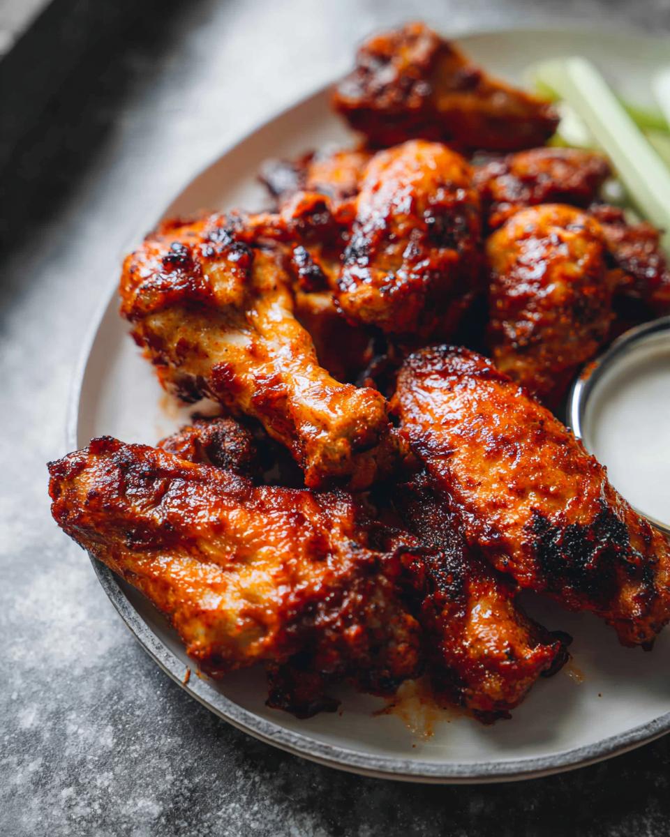 Close-up of a plate piled high with juicy, glazed chicken wings, served with celery sticks and dipping sauce.