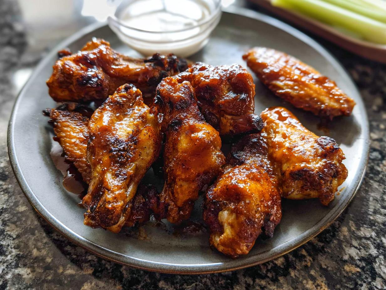 A plate of perfectly cooked chicken wings with a glossy glaze, served with a side of dipping sauce and celery sticks.