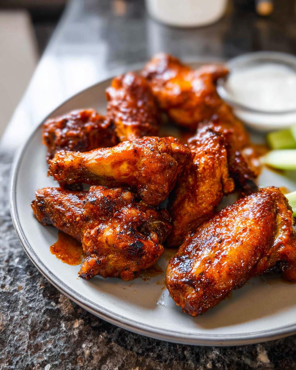A plate of glistening, saucy chicken wings with a side of celery sticks and dipping sauce.