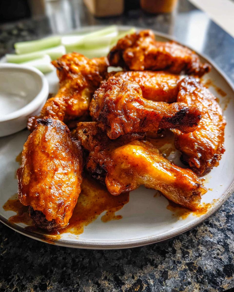 A plate of glossy, saucy chicken wings served with celery sticks and a small dipping bowl.