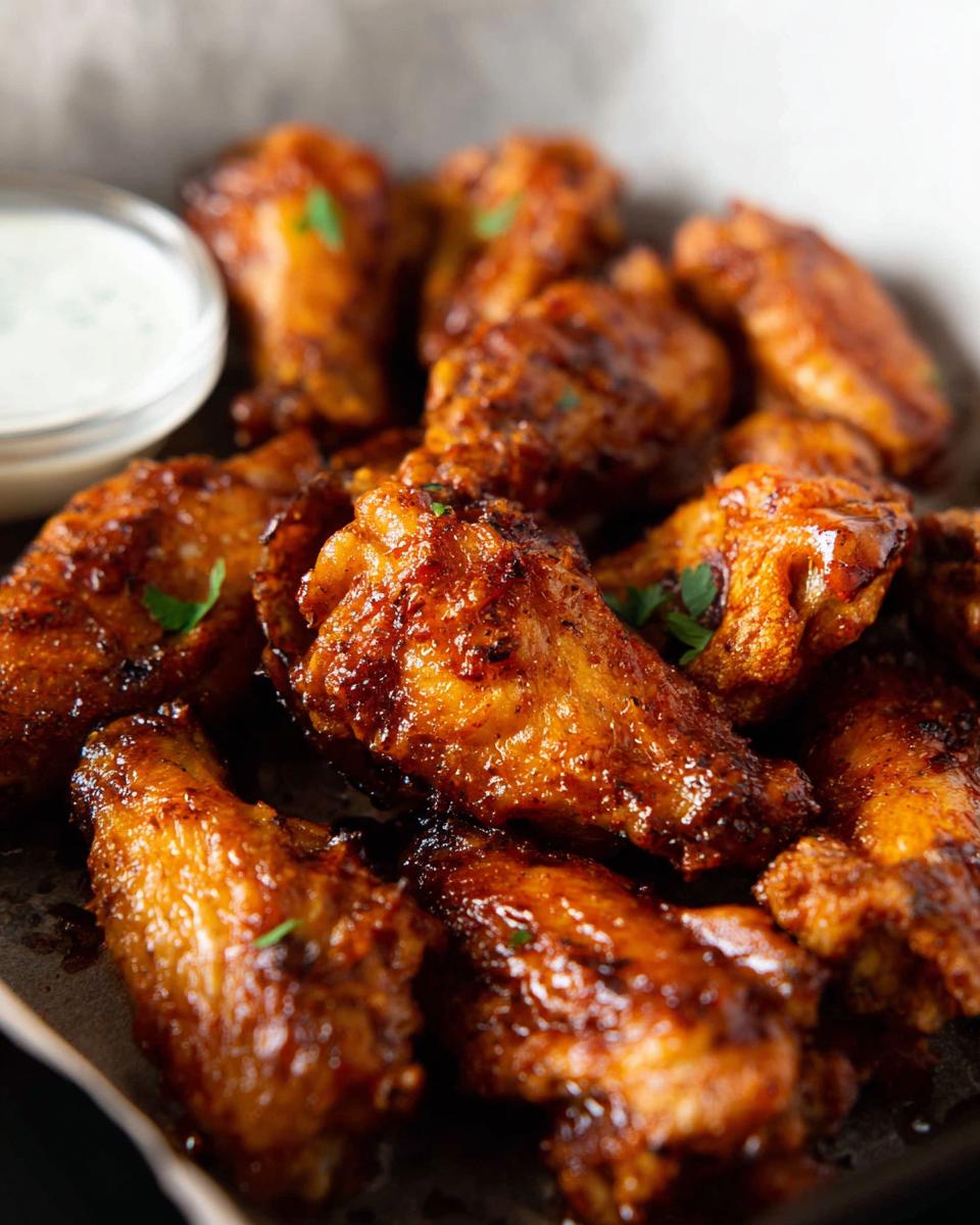 Close-up of glossy, perfectly cooked chicken wings with a side of dipping sauce, ideal for quick Chicken Wings Recipes in 20 Minutes.