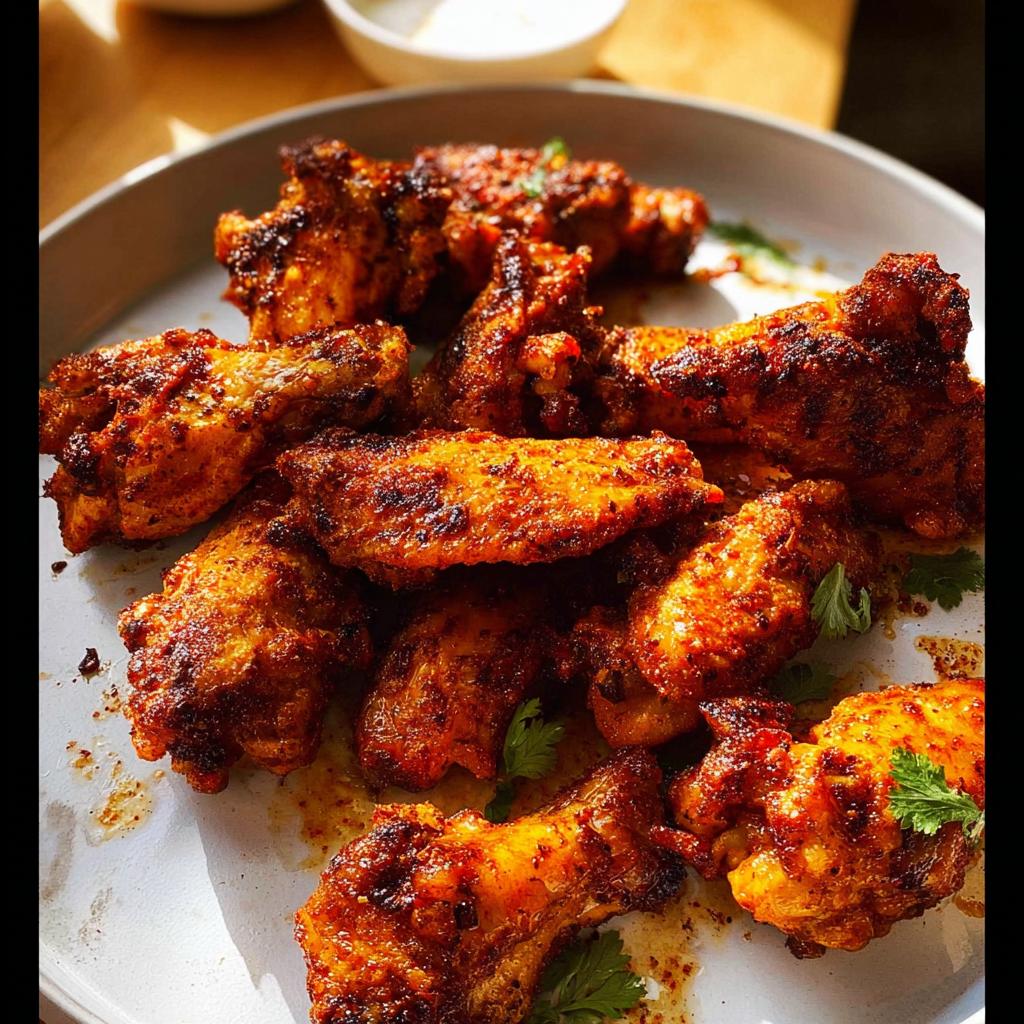 A plate full of crispy, seasoned chicken wings, a perfect example from our chicken wings recipes.