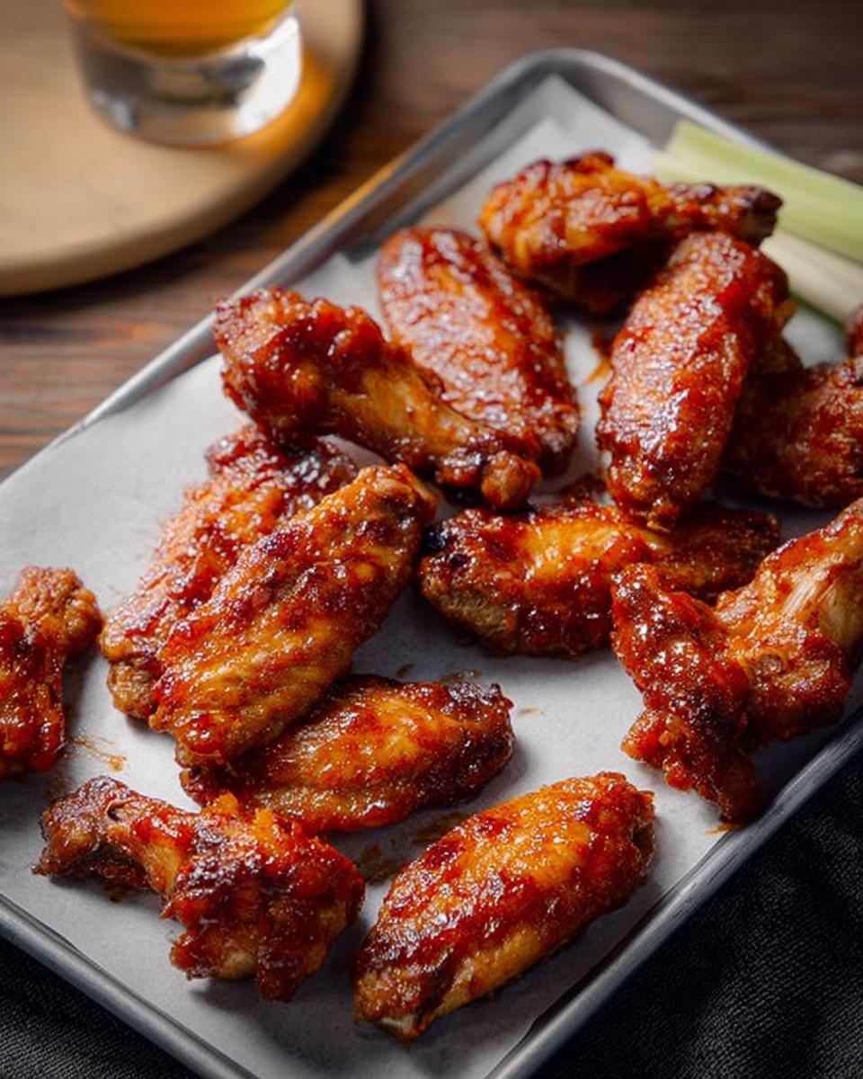 A close-up of a platter filled with glistening, saucy chicken wings, perfect for any chicken wings recipes.