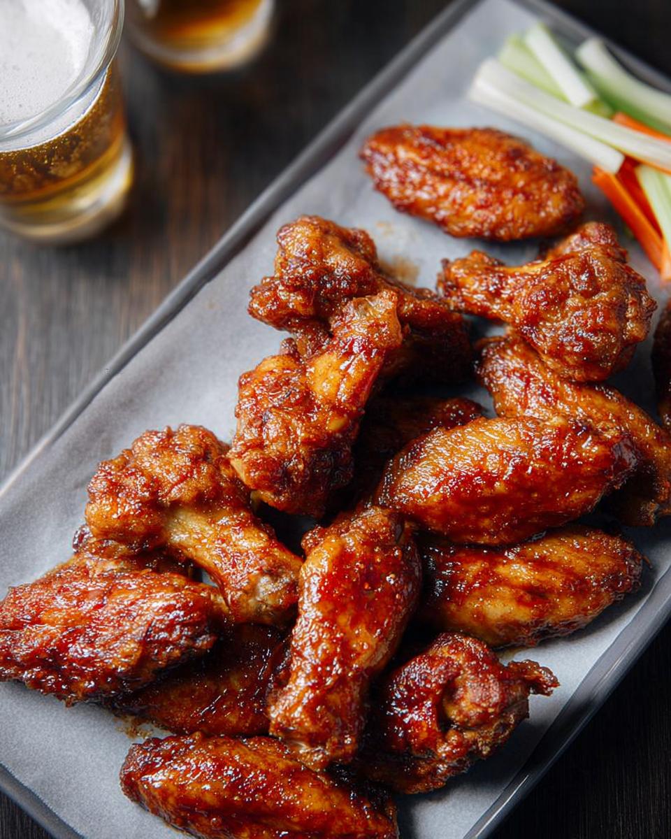 A close-up of a platter filled with glistening, saucy chicken wings, served with celery and carrot sticks and a glass of beer.