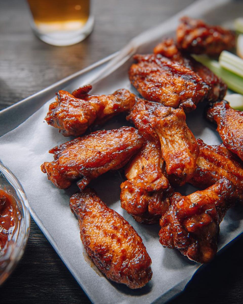 A platter of glossy, baked chicken wings with a side of celery sticks and dipping sauce.