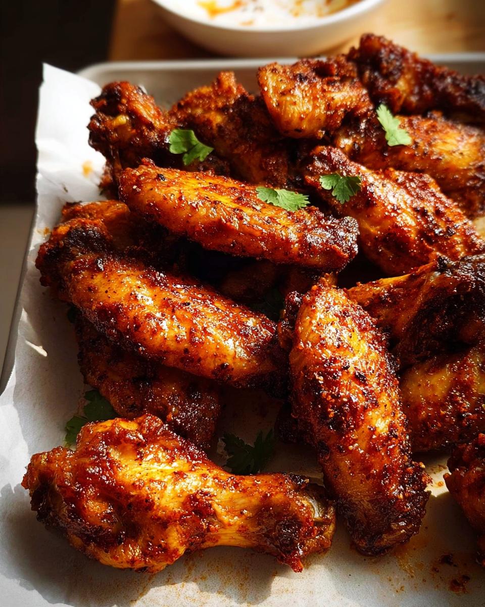 Close-up of a platter of crispy, seasoned chicken wings with fresh cilantro garnish.