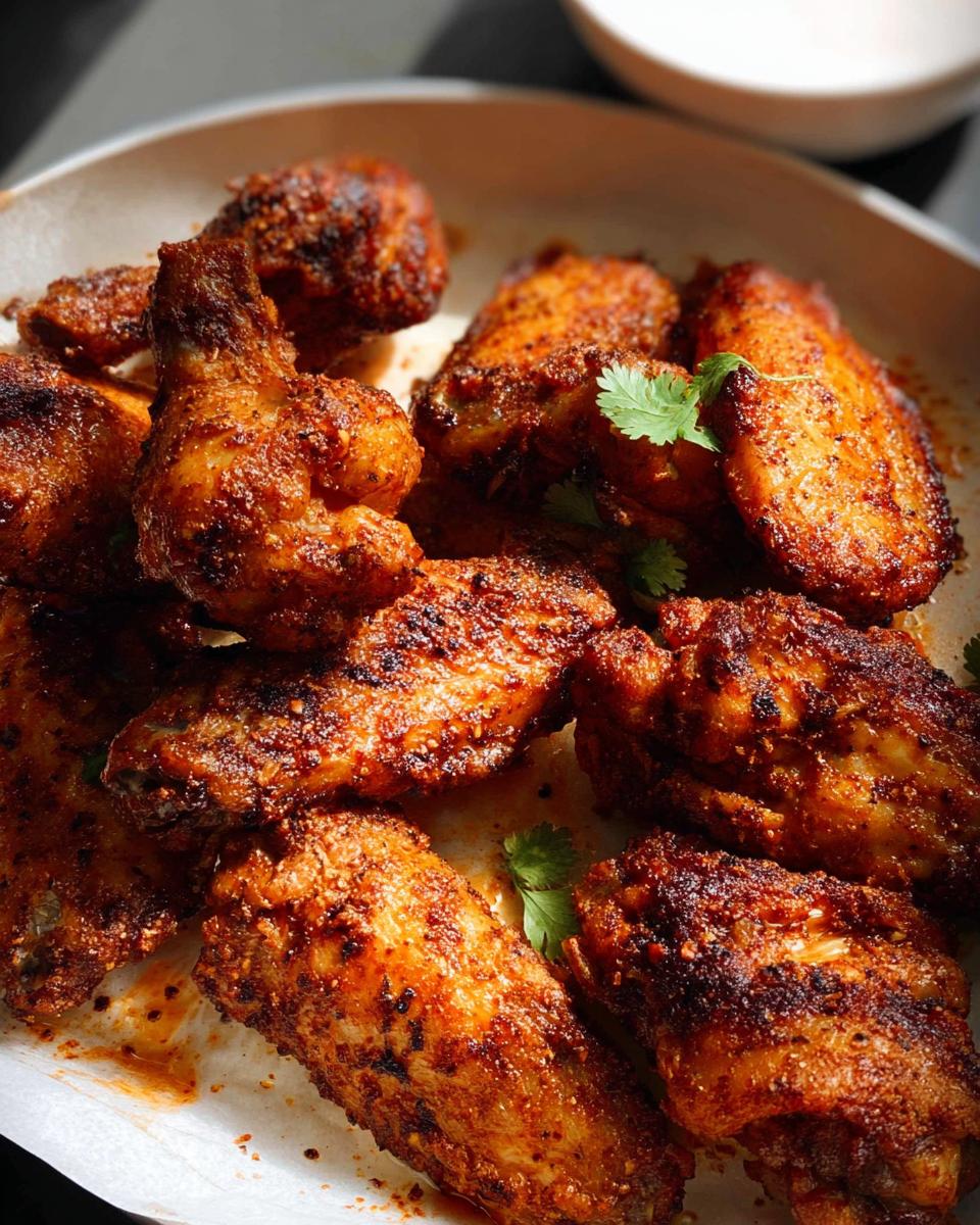 A close-up shot of a platter filled with delicious, spicy chicken wings recipes, garnished with cilantro.