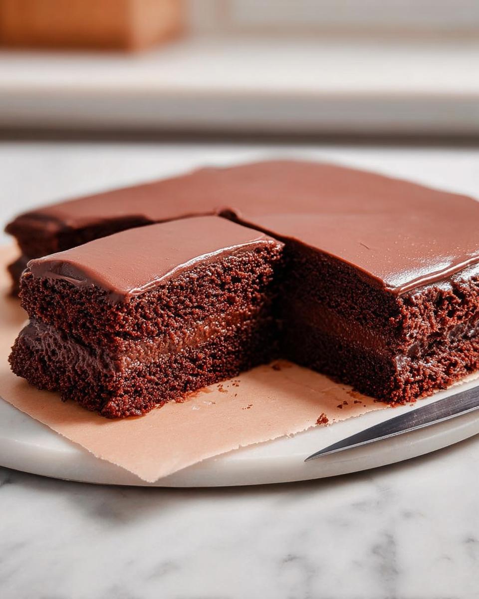 Close-up of decadent chocolate cake slices with smooth chocolate frosting, showcasing layers and texture.